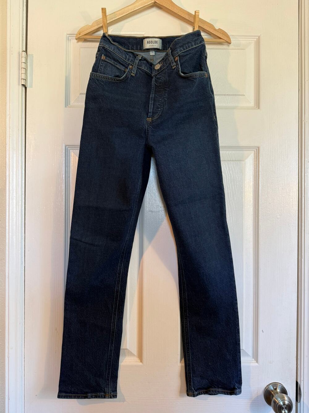 AGOLDE Riley Long High Rise Straight Stretch Denim Dark Indigo Size 25